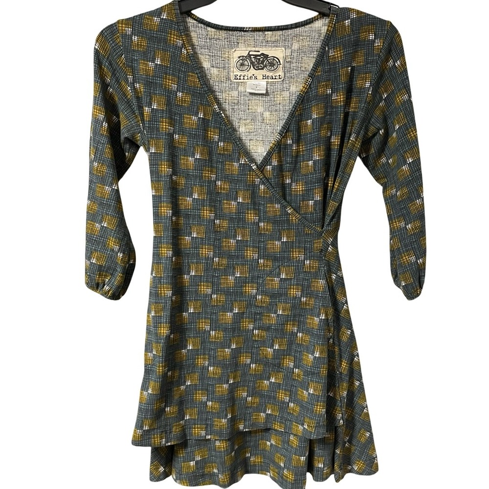 Effie's Heart Women's Blue Yellow Geometric Grid Tunic Top Size M